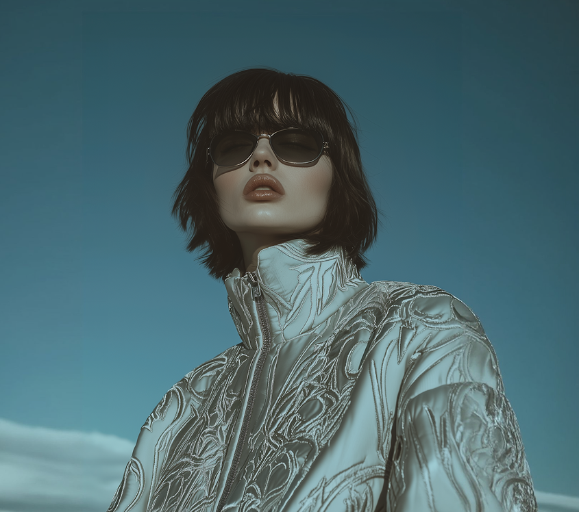 A low-angle studio portrait of a woman with a dark shag haircut and full bangs