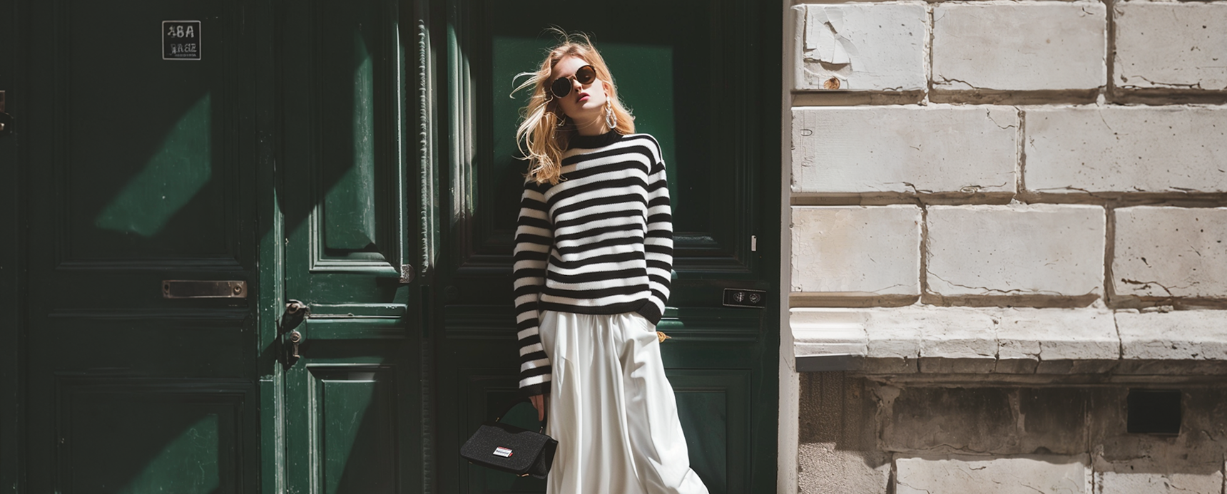 A full-length fashion portrait of a blonde woman standing outdoors in bright sunlight between a dark green paneled door and a rustic