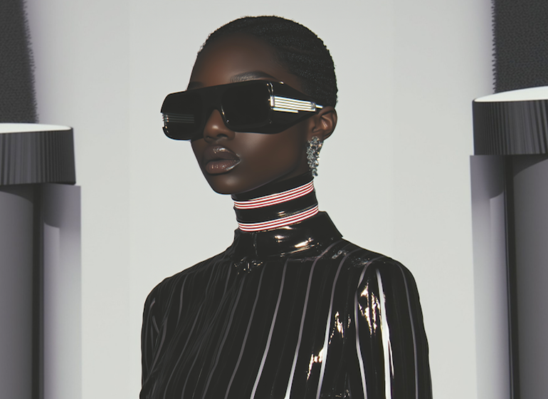 A high-fashion studio portrait of a Black woman with short